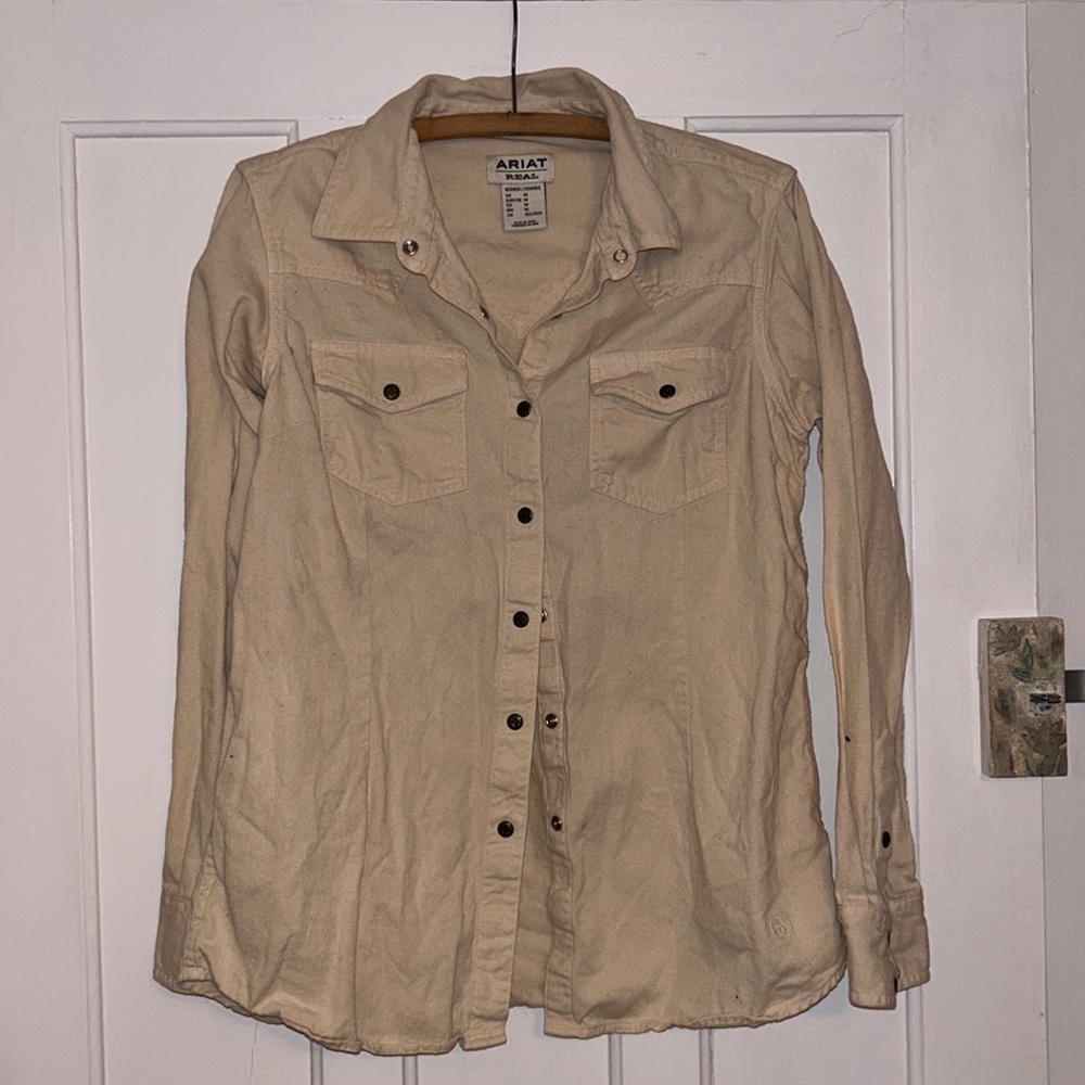 Ariat Women’s White Cream Collared Button down fitted canvas cotton shirt medium